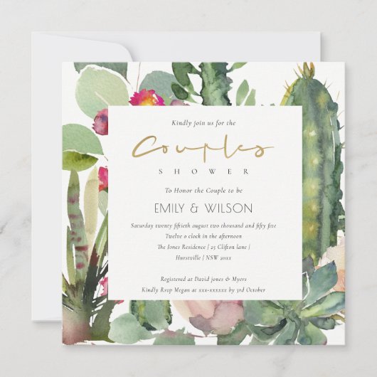 INVITATION BOHO PINK FLORAL CACTI FOLIAGE COUPLES DOUCHE (Devant)