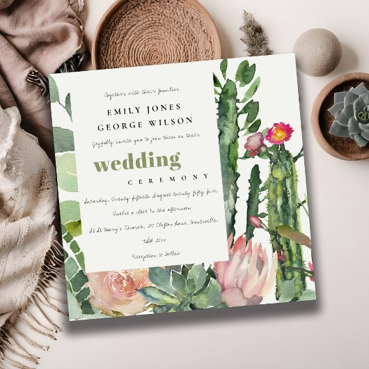 INVITATION BOHO PINK FLORAL CACTI FOLIAGE MARIAGE DE COULEUR 