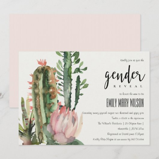 INVITATION BOHO PINK FLORAL DESERT CACTI FAUNA GENDER REVETIN (Devant / Derrière)