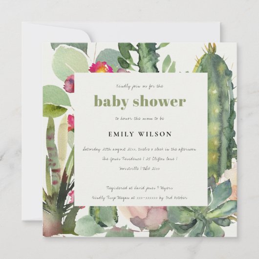 INVITATION BOHO PINK FLORAL DESERT CACTI FOLIAGE BABY SHOWER (Devant)