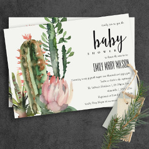 INVITATION BOHO PINK FLORAL DESERT CACTI FOLIAGE BABY SHOWER