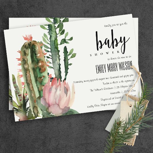 INVITATION BOHO PINK FLORAL DESERT CACTI FOLIAGE BABY SHOWER