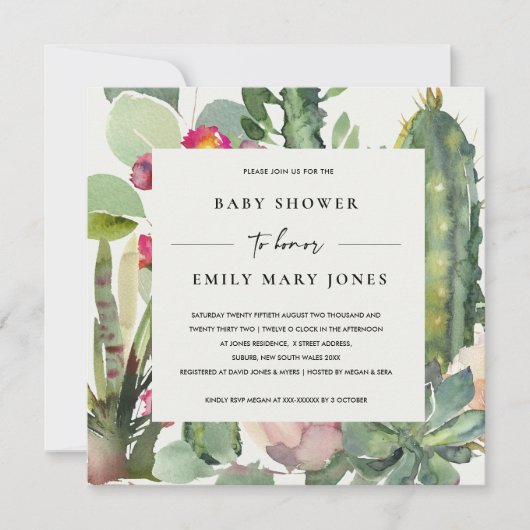 INVITATION BOHO PINK FLORAL DESERT CACTI FOLIAGE BABY SHOWER (Devant)