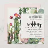 INVITATION BOHO PINK FLORAL DESERT CACTI FOLIAGE MARIAGE (Devant / Derrière)