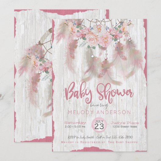 Invitation BOHO Pink Floral DreamCatcher Baby shower tribal (Devant / Derrière)