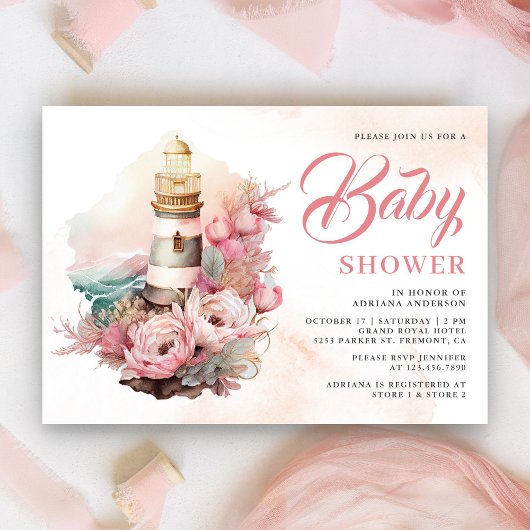 Invitation Boho Pink Floral Phare Baby shower nautique