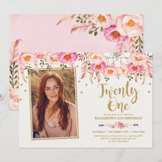 Invitation Boho Pink Gold Floral Dreamcatcher 21e anniversair (Devant / Derrière)