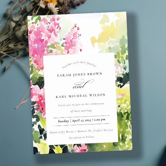 Invitation Boho Pink Green Bougainvillea Mariage