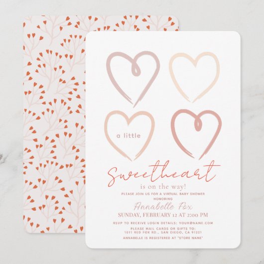 Invitation Boho Pink Hearts Chérie Baby shower virtuel (Devant / Derrière)