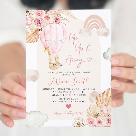 Invitation Boho Pink Hot Air Balloon Floral Baby shower Invit