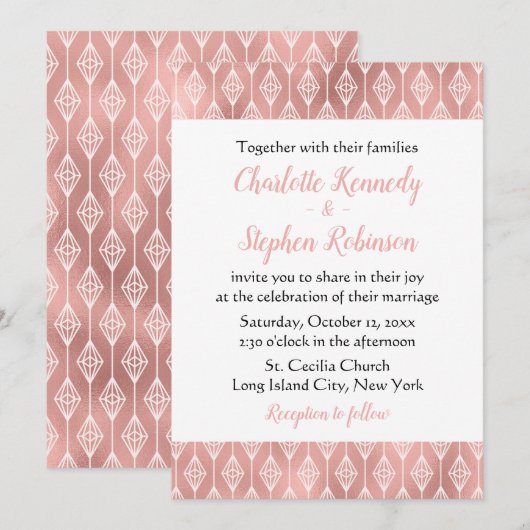 Invitation Boho Pink Mariage Rose Gold Tribal Diamants (Devant / Derrière)
