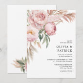 Invitation Boho Pink Peonies & Pampas Grass Mariage Floral (Devant / Derrière)