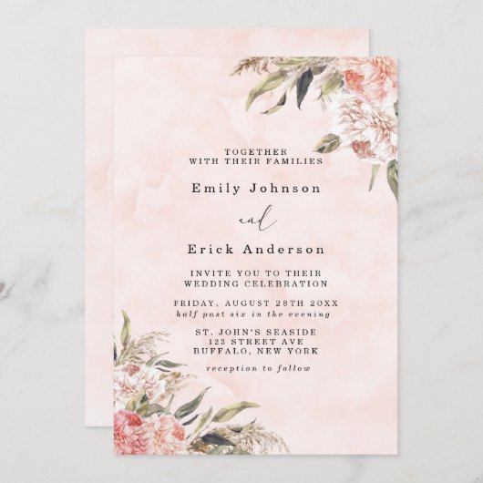 Invitation Boho Pink Peony Pampas Grass Mariage (Devant / Derrière)