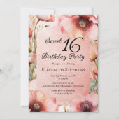 Invitation Boho Pink Poppies Floral Sweet 16 Birthday Party (Devant)