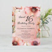 Invitation Boho Pink Poppies Floral Sweet 16 Birthday Party (Debout devant)