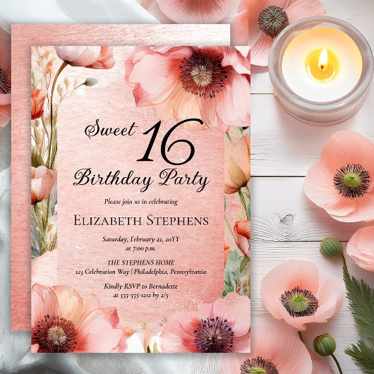 Invitation Boho Pink Poppies Floral Sweet 16 Birthday Party