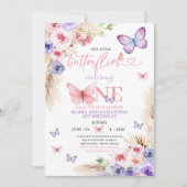 Invitation Boho Pink Purple Papillon 1er Anniversaire Floral (Devant)