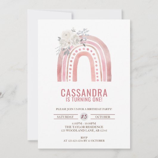 Invitation Boho Pink Rainbow Anniversaire, Rose 1er anniversa (Devant)