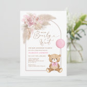 Invitation Boho Pink Teddy Bear Balloon Pampas Baby Girl (Debout devant)