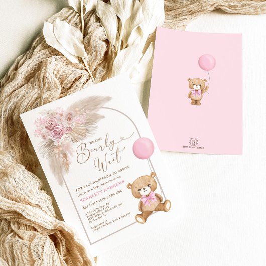 Invitation Boho Pink Teddy Bear Balloon Pampas Baby Girl