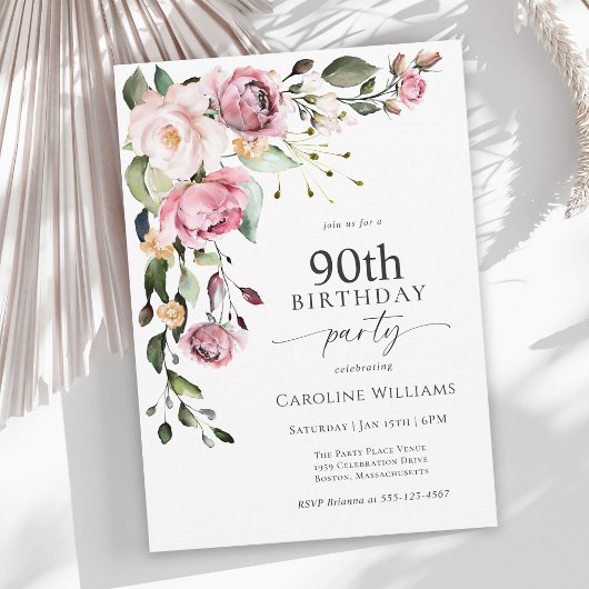 Invitation Boho Pink Watercolor Floral 90th Birthday Party