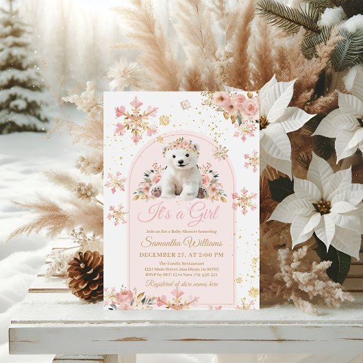 Invitation Boho Pink Winter Bear C'est un Baby shower fille