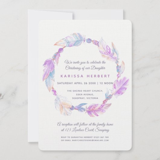 Invitation Boho plume aquarelle violet christ (Devant)