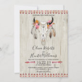 Invitation Boho Plumes florales Antlers Crâne de vache Mariag (Devant)