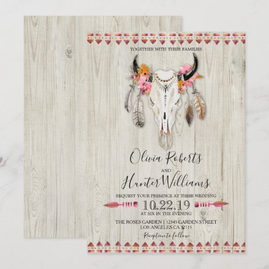 Invitation Boho Plumes florales Antlers Crâne de vache Mariag (Devant / Derrière)