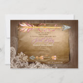 Invitation BOHO Plumes tribales et Baby shower dentelle fille (Devant)