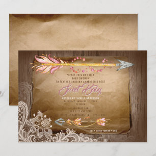 Invitation BOHO Plumes tribales et Baby shower dentelle fille