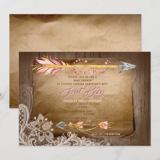 Invitation BOHO Plumes tribales et Baby shower dentelle fille (Devant / Derrière)