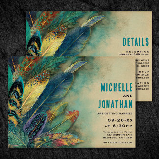 Invitation Boho Plumes | Turquoise Sarcelle Tout en Un Mariag