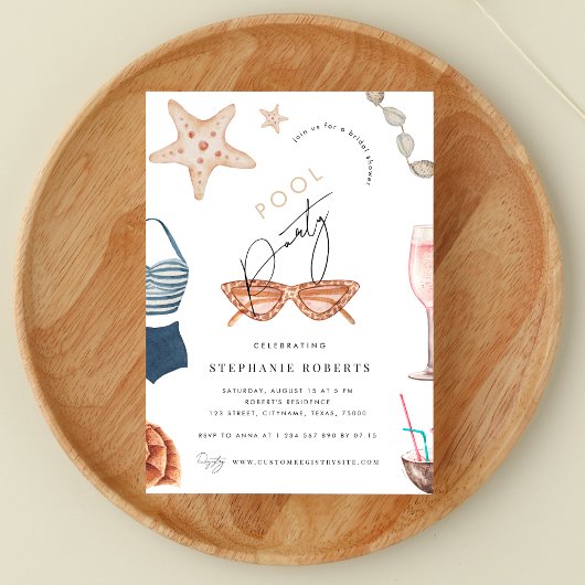 Invitation Boho Pool Party Chic Script Fête des mariées d'été