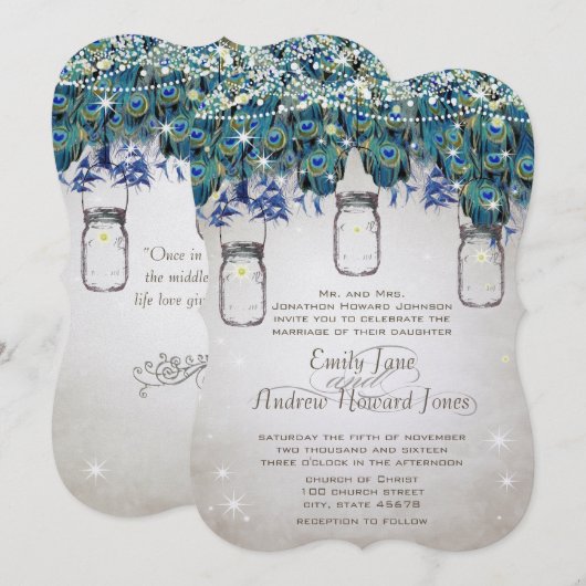 Invitation Boho Pot Mason Navy Turquoise Paon (Devant / Derrière)