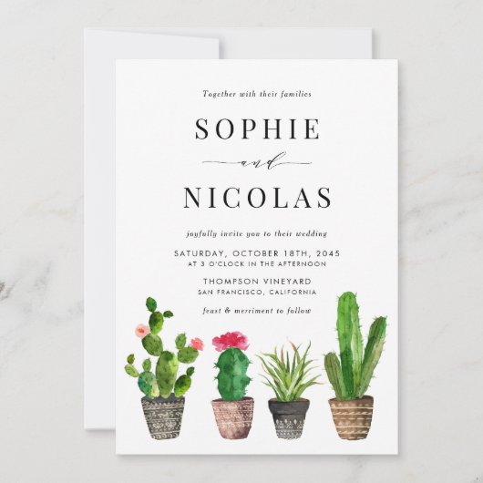 Invitation Boho Pot Succulents et Cactus Mariage d'été (Devant)