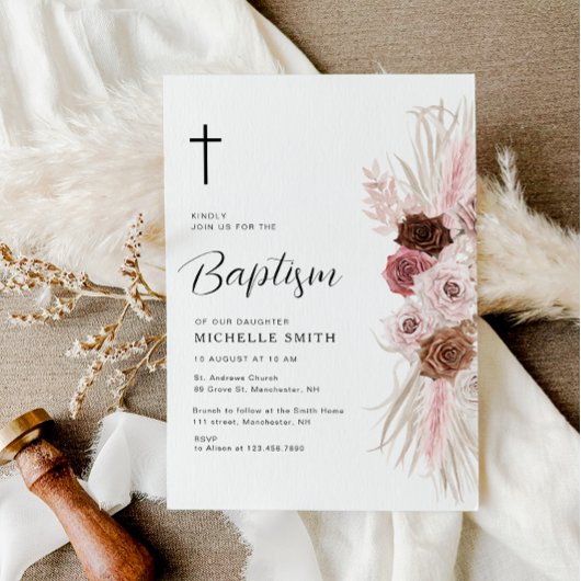 Invitation boho poussiéreux rose baptême floral