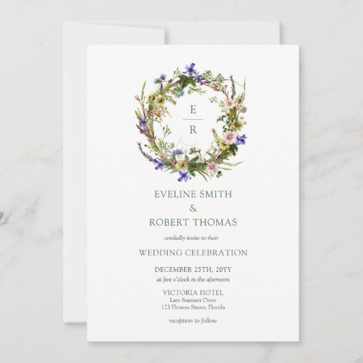 Invitation Boho prairie fleurs sauvages courre monogramme (Devant)