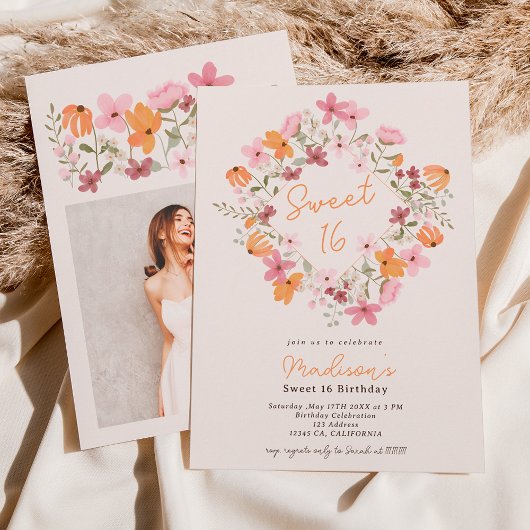 Invitation Boho prairie photo fleur sauvage Sweet 16
