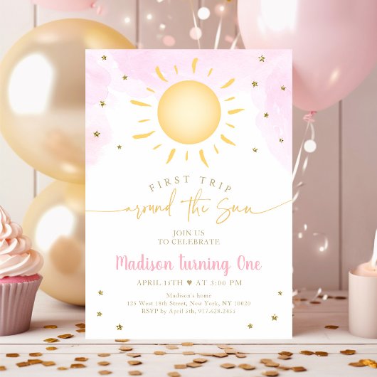 Invitation Boho Premier voyage autour du soleil rose or Anniv
