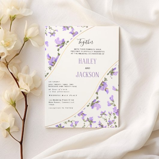 Invitation Boho printemps lilac or fleur sauvage mariage flor