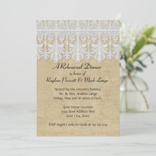 Invitation BOHO Printing Burlap n dentelle gitane Moderne Sty (Debout devant)
