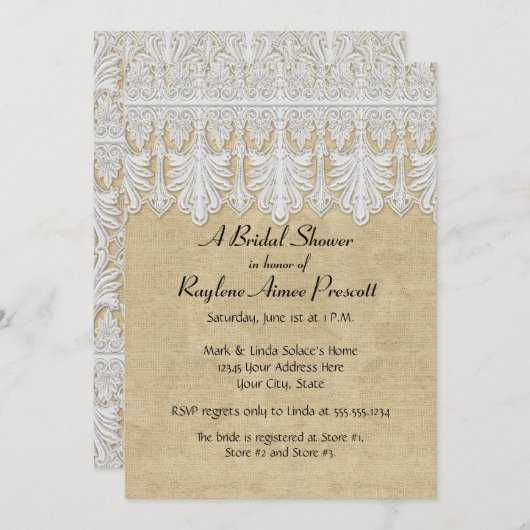 Invitation BOHO Printing Burlap n dentelle gitane Moderne Sty (Devant / Derrière)