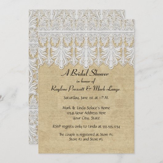 Invitation BOHO Printing Burlap n dentelle gitane Moderne Sty (Devant / Derrière)