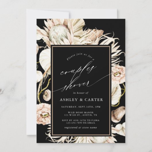 Invitation Boho Protea Pampas Grass Black Couples Douche (Devant)