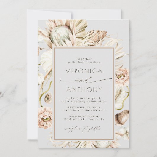 Invitation Boho Protea Pampas Grass Floral Mariage Gris (Devant)