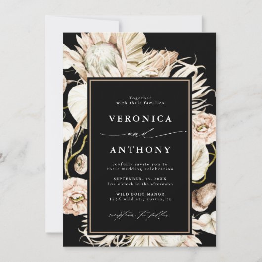 Invitation Boho Protea Pampas Grass Floral Mariage Noir (Devant)