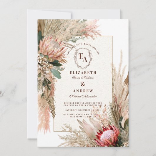 Invitation Boho Protea Pampas Grass Russe Mariage (Devant)