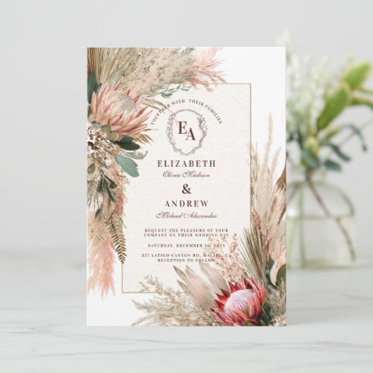Invitation Boho Protea Pampas Grass Russe Mariage (Debout devant)