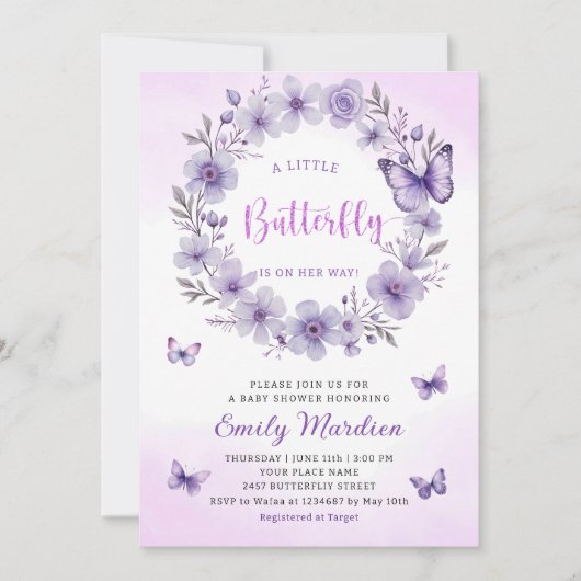 Invitation Boho Purple A Little Butterfly Girl Baby shower (Devant)